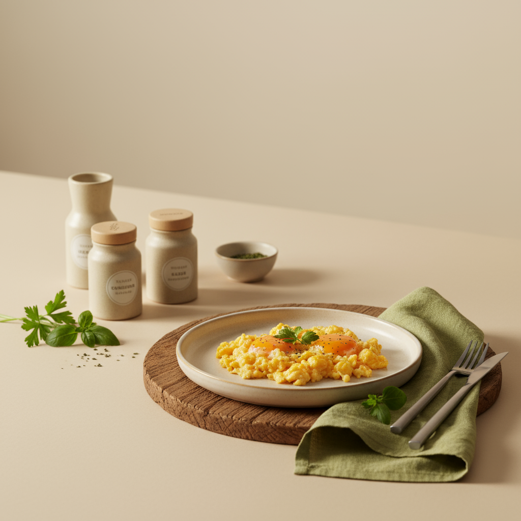 Rührei Gewürz auf minimalistischem Frühstücksteller mit Gewürzdosen und frischen Kräutern vor hellem Hintergrund