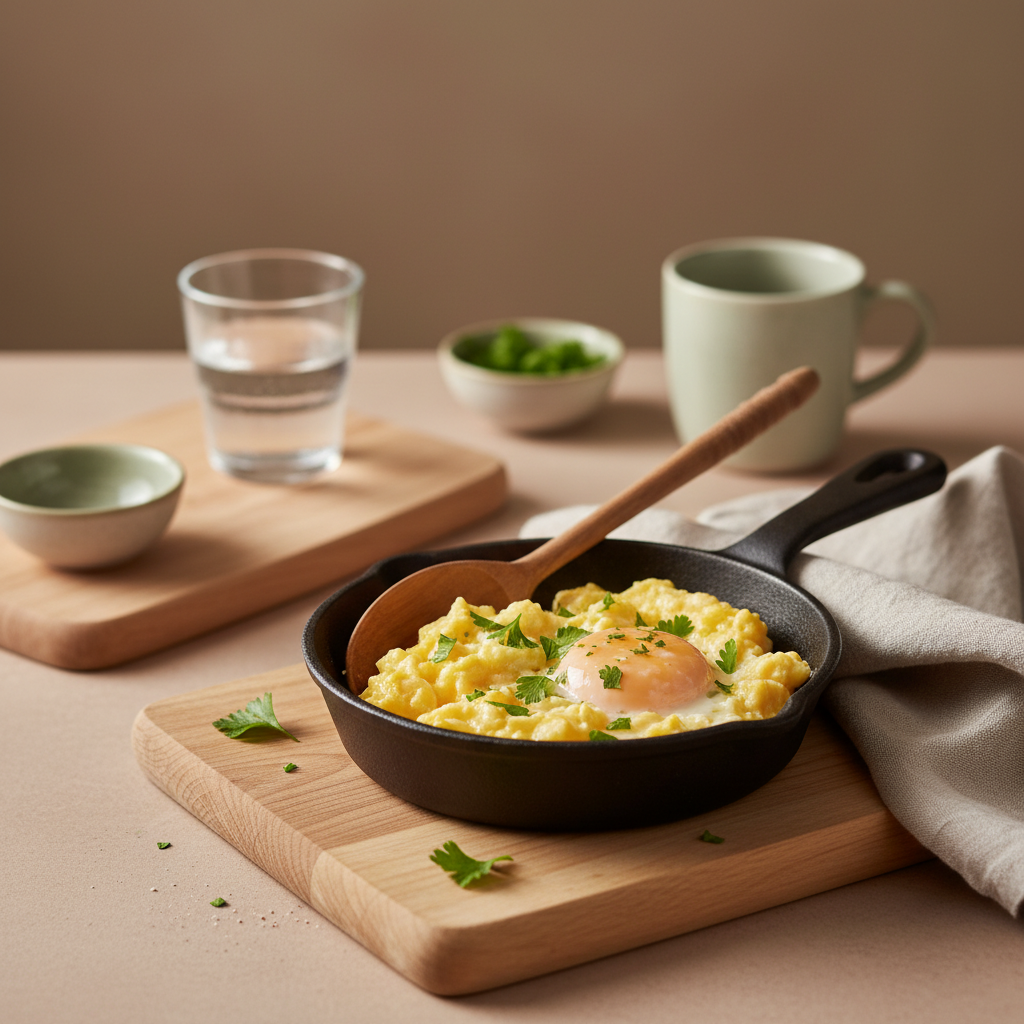 Nahaufnahme einer Pfanne mit cremigem Rührei, Petersilie, Holzlöffel und Leinenserviette in minimalistischer Frühstücks-Inszenierung – Was ist die geheime Zutat für Rührei?