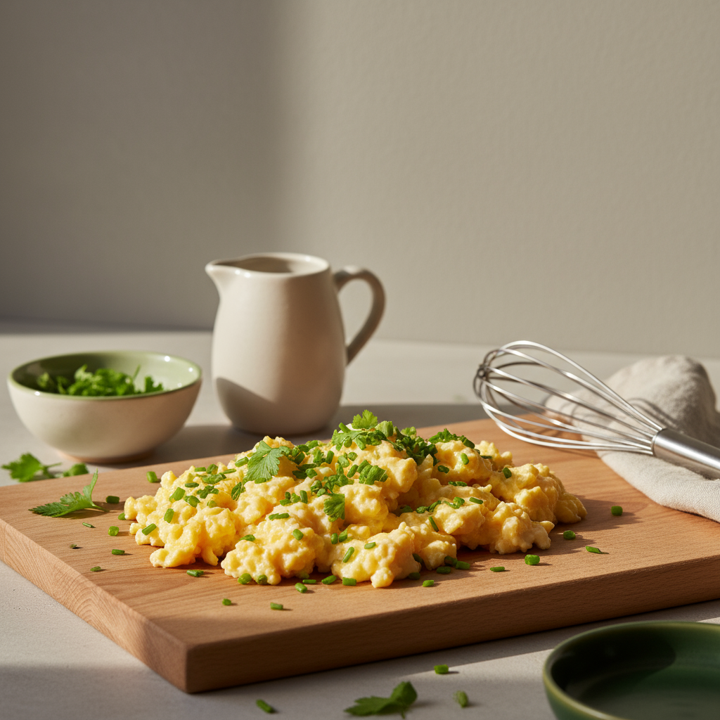 Nahaufnahme von Rührei auf Holzbrett mit kleinem Wasserkrug und Kräutern in warmer Küchenatmosphäre – Wasser ins Rührei