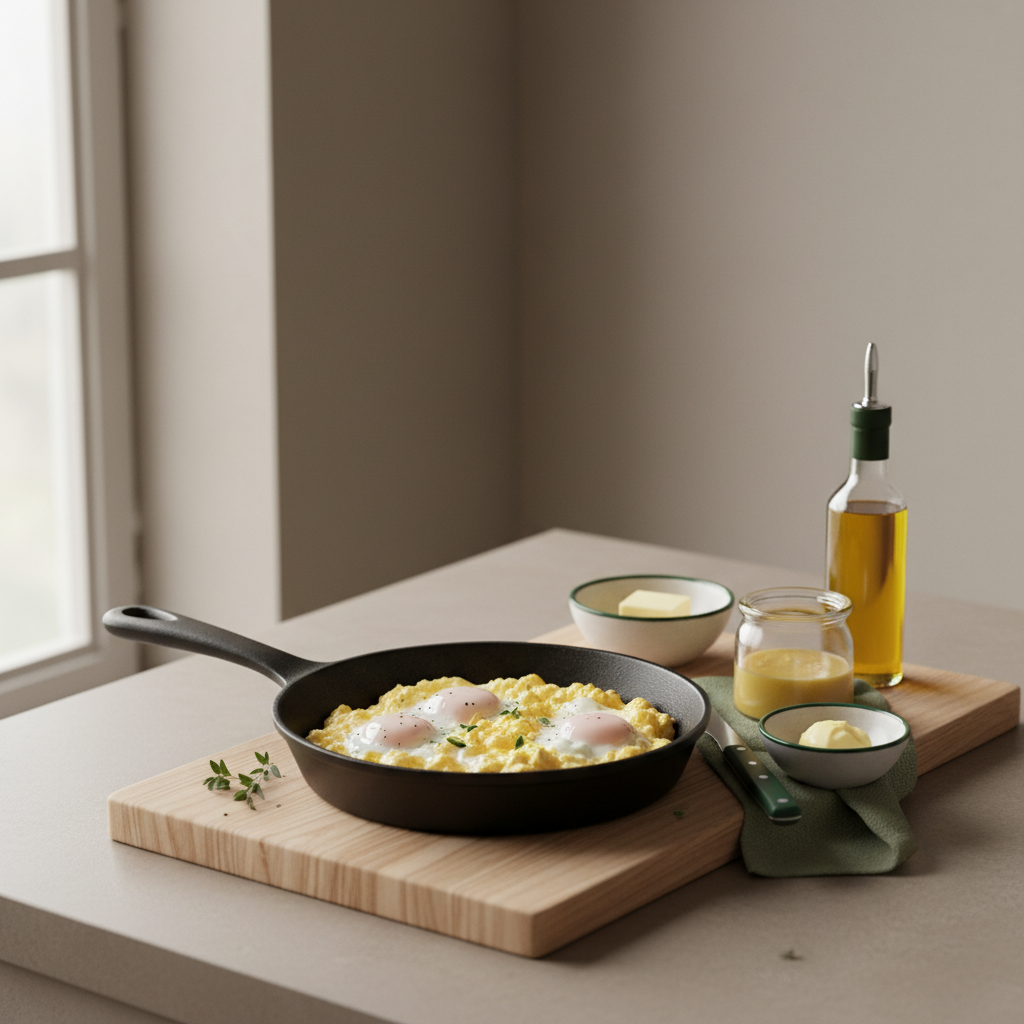 Welches Öl für Rührei: Full-Frame-Aufnahme einer heimischen Küche mit cremigem Rührei in Pfanne, Butter, Ghee-Glas und Olivenöl auf hellem Holz, warme Landhaus-Ästhetik.