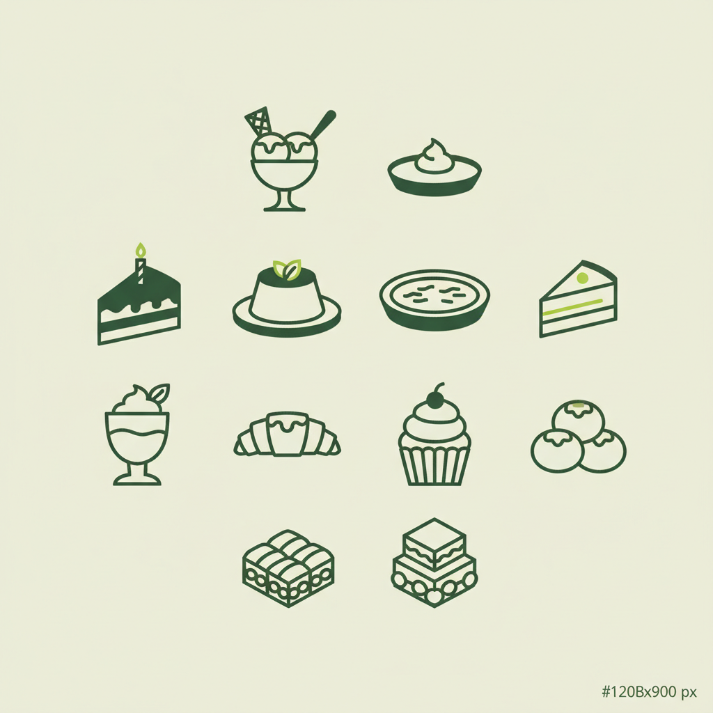 Minimalistische 2D‑Vektorinfografik mit 10 stilisierten Dessert‑Icons in Markenfarben, sauber angeordnet, passend zum Artikel beste desserts der welt