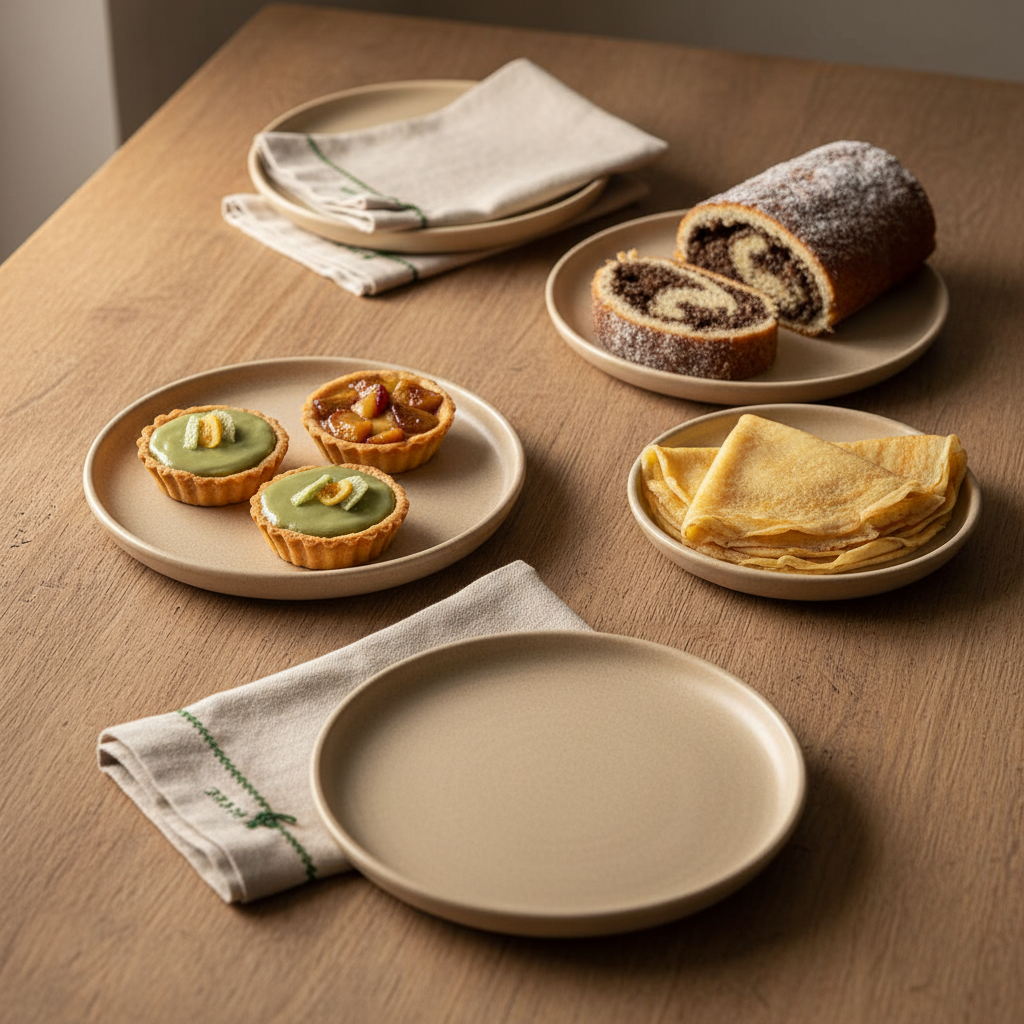 beste desserts der welt: minimalistisch arrangierte ungarisch-rumänische Desserts auf Holztisch in warmer, sauberer europäischer Küche, Keramikakzente #a5cd8d, Hintergrund #dbdbcf