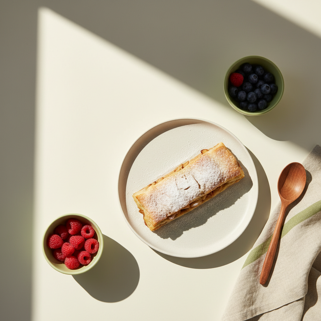 Nachtisch vs Dessert: Minimalistisches Full-Frame-Küchenbild mit Apfelstrudel auf Teller, Schüsseln mit Beeren, Holzlöffel und Leinenserviette vor hellbeigem Hintergrund.