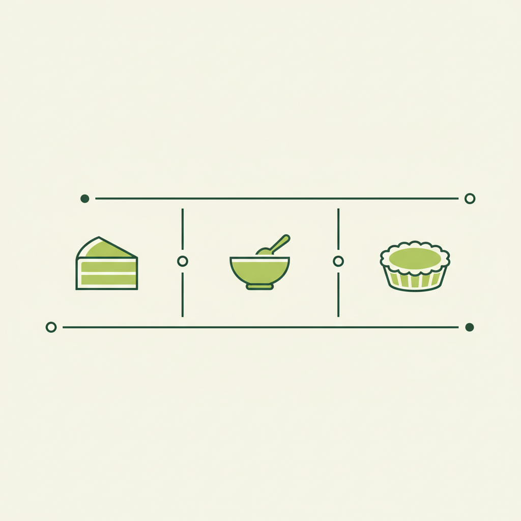 Minimalistische 2D-Vektorinfografik &quot;Nachtisch vs Dessert&quot; mit drei klaren Icons für Nachtisch, Dessert und Nachspeise in Schnell-Lecker-Farben auf #dbdbcf Hintergrund.