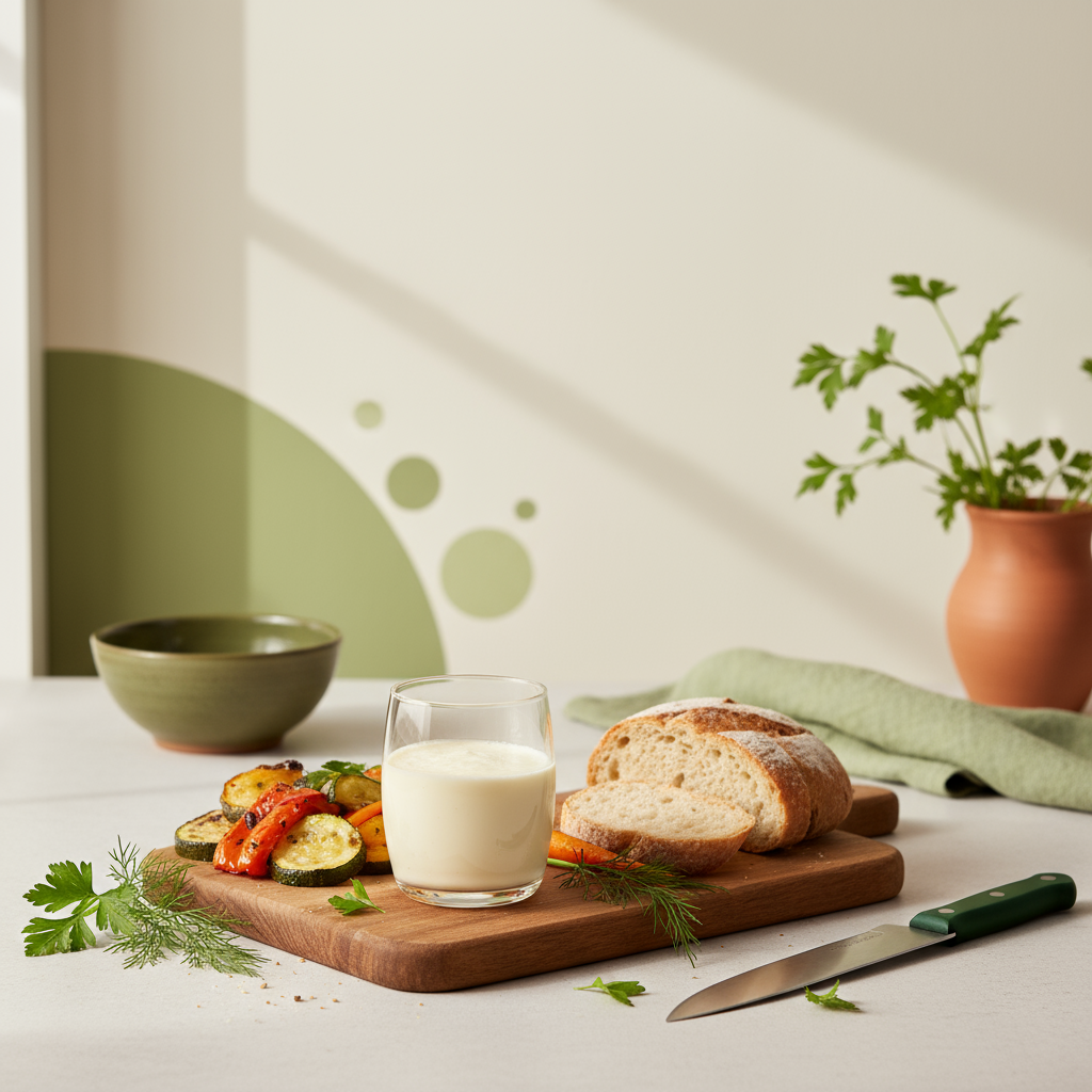 Glas mit Welfencreme neben geröstetem Gemüse, frischem Brot und Kräutern auf rustikalem Holztisch vor hellem Hintergrund #dbdbcf