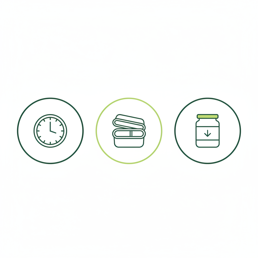 Minimalistische 2D-Vektor-Infografik für Welfencreme: drei Icons (Uhr für 15 Minuten, Meal-Prep-Box, Vorratsglas zum Lagern) in Markenfarben #dbdbcf, #a5cd8d, #21431f.