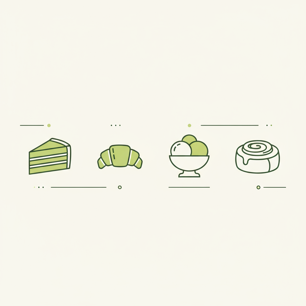 Minimalistische 2D-Vektor-Infografik mit vier Dessert-Icons (Kuchen, Gebäck, Eiskugel, süßes Brötchen) in Markenfarben auf #dbdbcf Hintergrund — Welches Land hat das beste Dessert?