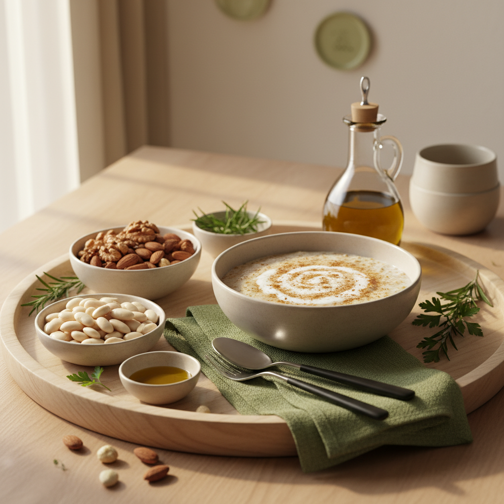 Vollbild eines minimalistischen Frühstücks mit Haferflocken, Nüssen, Bohnen und Olivenöl in einer warmen europäischen Küche zur Unterstützung bei Cholesterin.