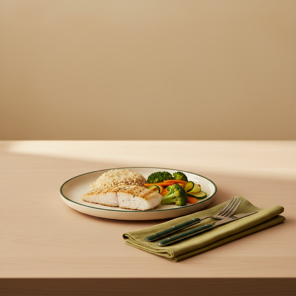 Minimalistische europäische Küche, Full-Frame-Teller mit gegrilltem Fisch, Vollkorn und gedünstetem Gemüse, warme Stimmung, dezente Brand-Farben, im Kontext von hohes Cholesterin Symptome