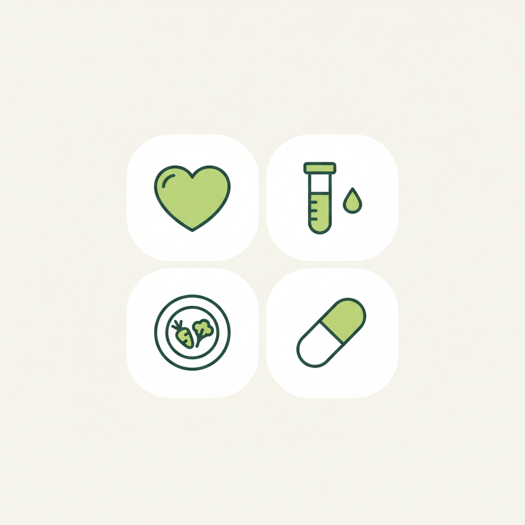 Minimalistische 2D-Vektor-Infografik mit Herz-, Blutprobe-, Teller-mit-Gemüse- und Pillen-Icons zur Illustration von hohes Cholesterin Symptome im Schnell Lecker Farbstil.