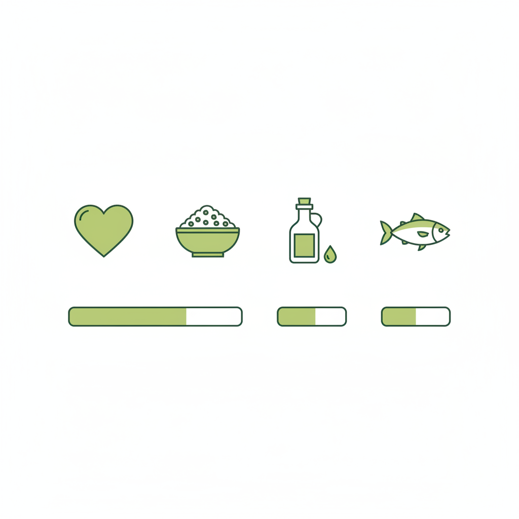 Minimalistische 2D-Vektor-Infografik zur Unterstützung beim Cholesterin senken: Icons Herz, Hafer, Olivenöl und Fisch mit visuellen Balken zur LDL-Reduktion.