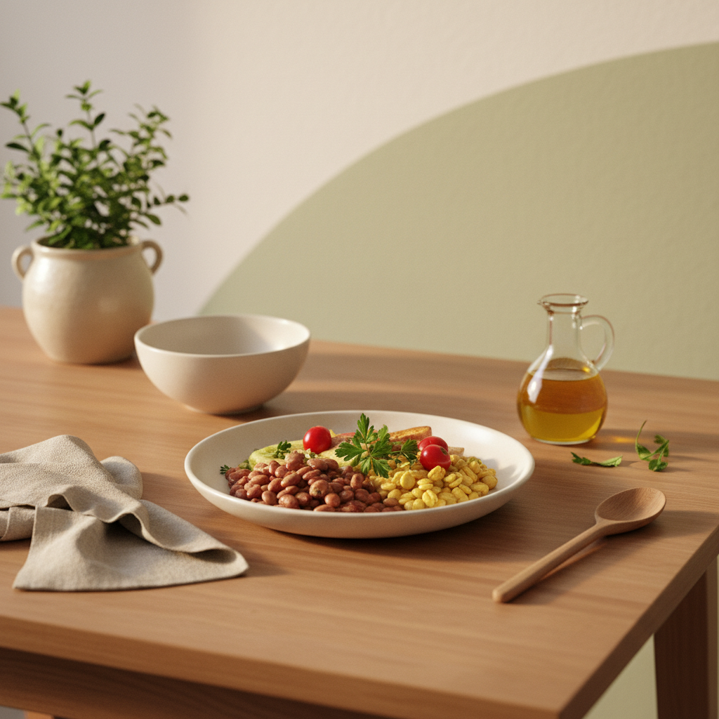 Mediterrane Mahlzeit mit Hülsenfrüchten, Olivenöl und frischem Gemüse auf Holztisch in warmer, minimalistischer Küche – Idee zum Cholesterin senken