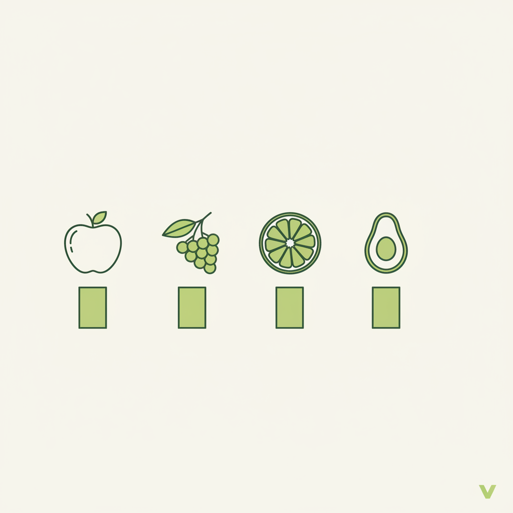 Vektor-Infografik mit Apfel, Beeren, Zitrus und Avocado sowie Balkendiagramm zum Ballaststoffgehalt. Welches Obst baut Cholesterin ab?