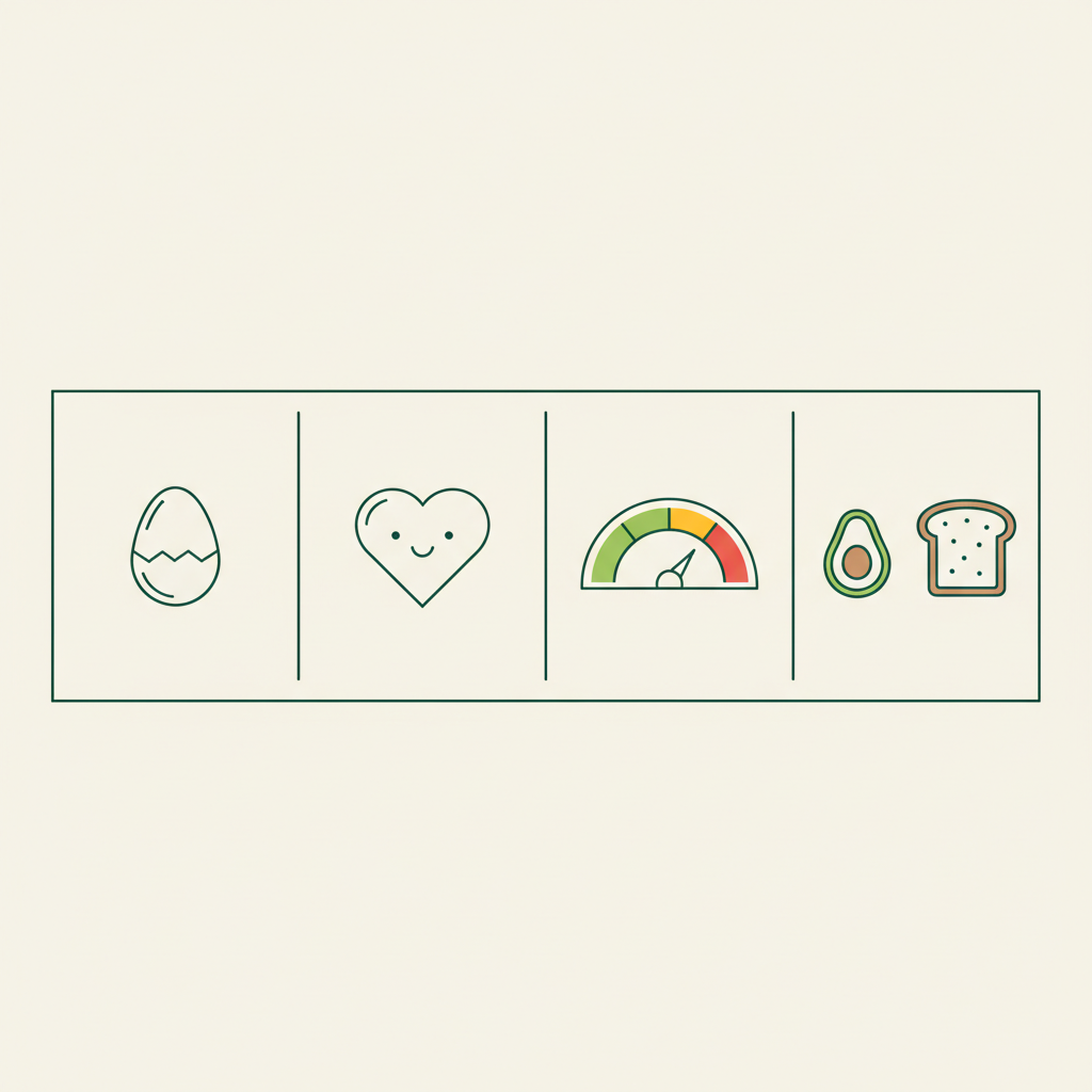 Minimalistische 2D-Infografik zu Cholesterin in Eiern mit Icons: Ei, Herz, farbiger Cholesterin-Gauge und Alternativen (Eiklar, Avocado, Vollkorn) in Schnell-Lecker-Farben.