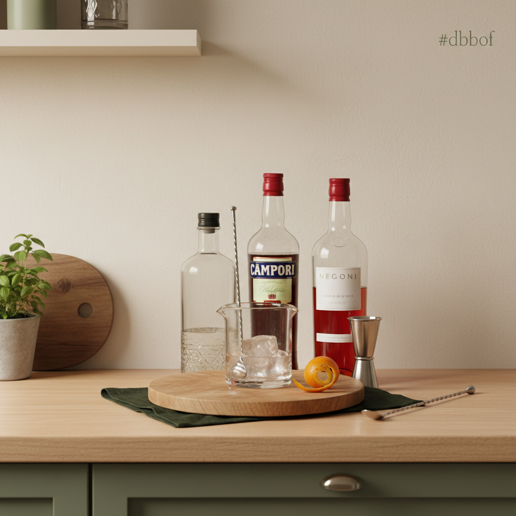 Heimeliges, minimalistisches Küchen-Setup mit Zutaten für einen Negroni: Gin, Campari, roter Wermut, großes Eis und Orangenschale vor Hintergrund #dbdbcf