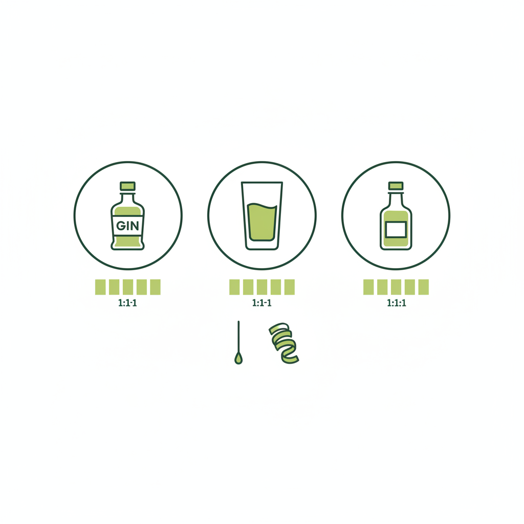 Minimalistische 2D-Vektor-Infografik zum Negroni: Gin-, Campari- und Wermut-Icons mit visuellen Messanzeigen sowie Rührlöffel- und Garnitur-Icon in Schnell Lecker Farben.