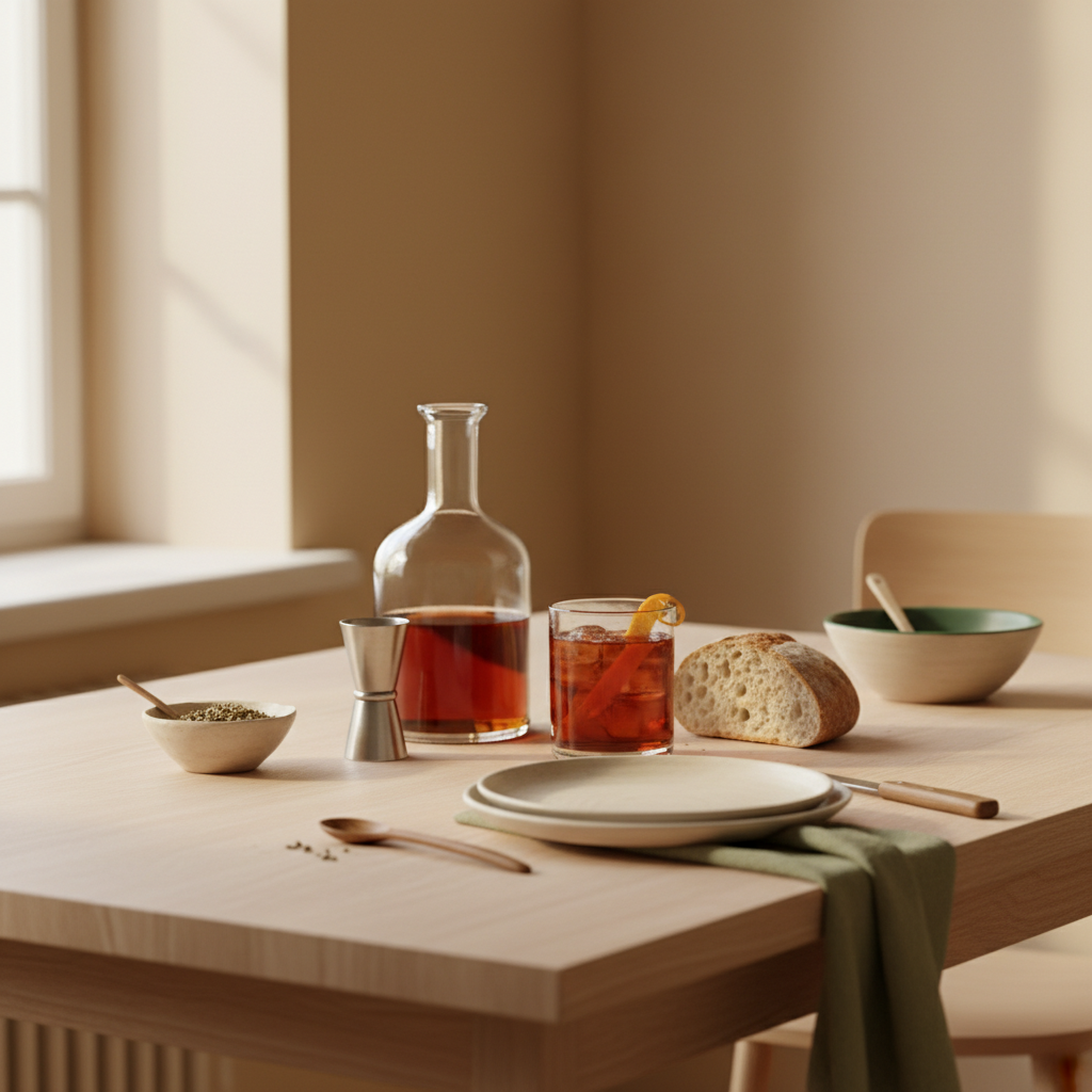 Vermouth für Negroni: Vollformatige, minimalistische Küchenszene mit unlabeled Karaffe Vermouth, Negroni-Glas und grüner Serviette (#a5cd8d) vor #dbdbcf Hintergrund