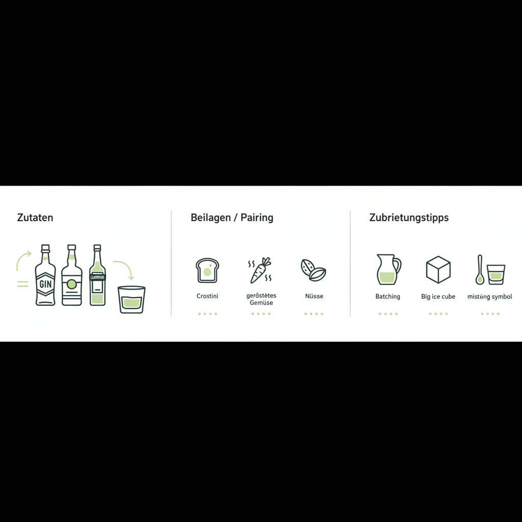 Minimalistische Vektor-Infografik mit Icons für Gin, Vermouth und Campari, Cocktailglas (Negroni Tradizionale), Pairing-Ideen (Crostini, geröstetes Gemüse, Nüsse) und Zubereitungstipps.