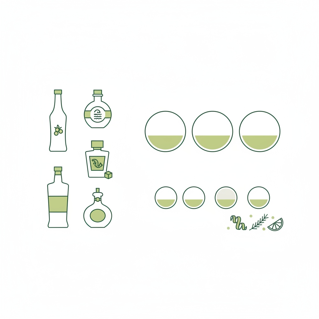 Welchen Gin verwendet man für Negroni? Minimalistische 2D-Vektor-Infografik mit Icons für London Dry, Plymouth, New‑Western, Old Tom, 1:1:1-Grafik und Garnituren in Schnell Lecker Farben.