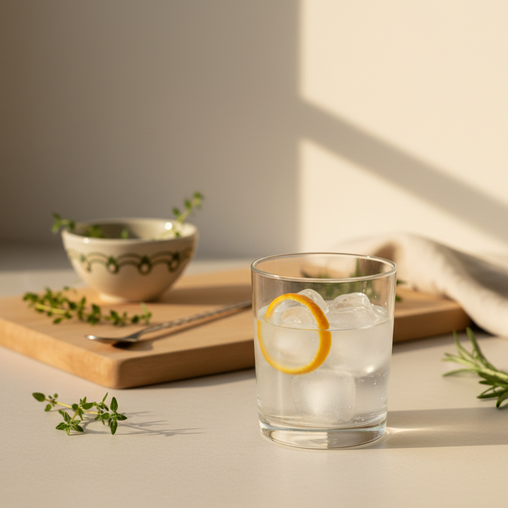 Welchen Gin verwendet man für Negroni? Nahaufnahme eines Negroni-Glases mit Orangen‑Zesten und Eiswürfeln in warmer, minimalistischer ungarisch-rumänischer Küche.