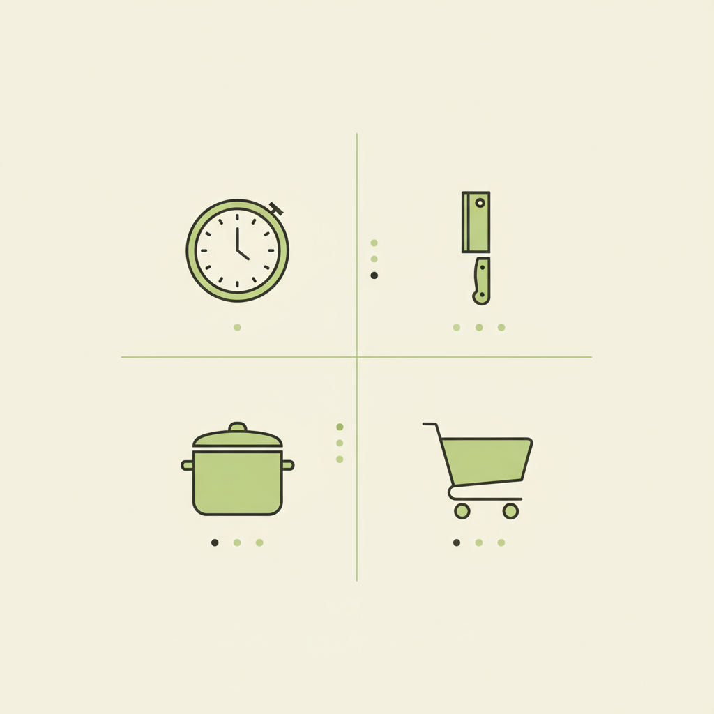 Minimalistische 2D-Vektor-Infografik mit Icons (Uhr, Messer, Topf, Einkaufswagen) zur Meal-Prep-Planung für Alltagsgerichte, Design in Schnell-Lecker-Farben.