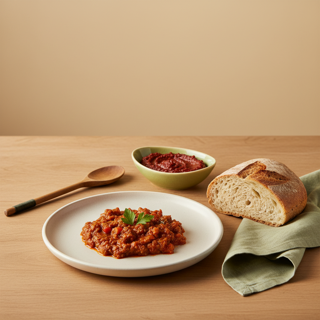 Vollformatfoto eines minimalistischen, warmen Tisch-Setups mit ungarisch-rumänischen Speisen und Bauernbrot in Markenfarben #dbdbcf/#a5cd8d, beliebtester Cocktail der Welt