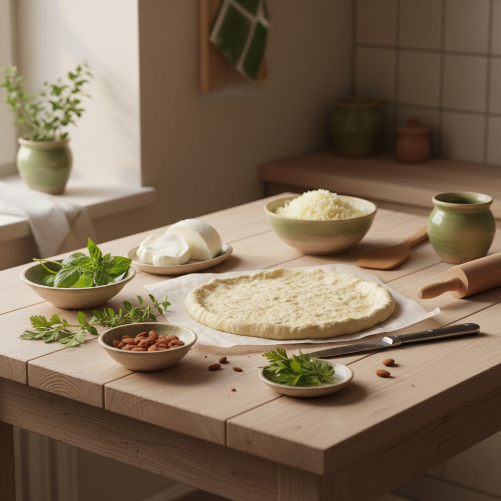 Fotorealistische Küchenaufnahme mit Zutaten für Pizza wenig Kohlenhydrate: Mozzarella, geraspelter Blumenkohl, Mandeln und Kräuter auf Holztisch, Hintergrund #dbdbcf, Akzent #a5cd8d