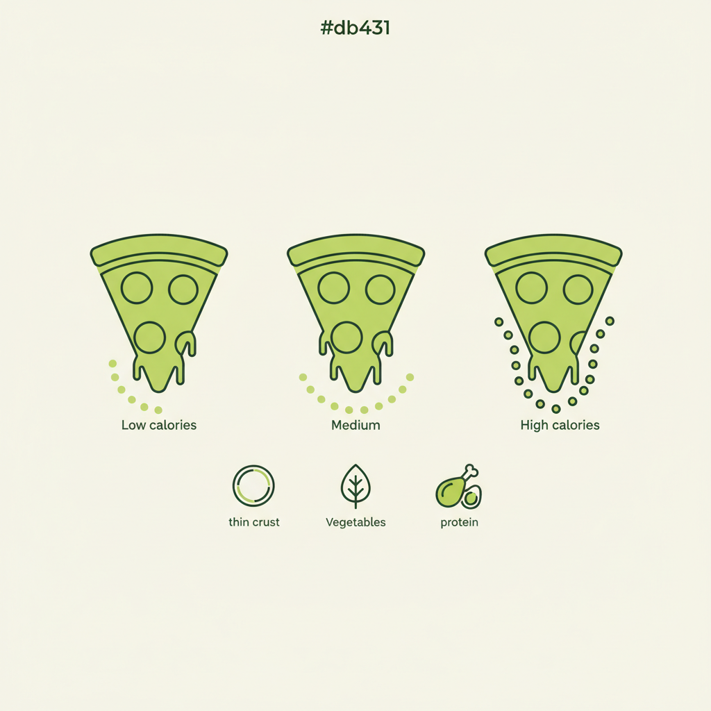 Welche Pizza beim Abnehmen: minimalistische 2D-Vektor-Infografik mit drei Pizza-Scheiben, visuellen Kalorienindikatoren und Icons für dünnen Boden, Gemüse und Eiweiß.