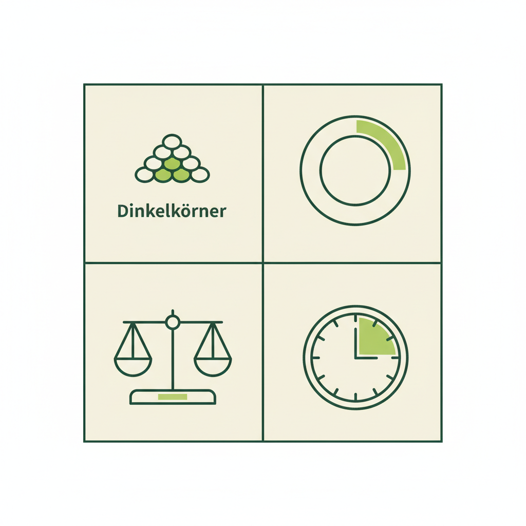 Minimalistische Vektor-Infografik mit Icons (Dinkelkörner, Teller, Waage, Uhr) für Portionsempfehlungen und Kombinationstipps — Dinkel Low-Carb, Schnell Lecker Farben.