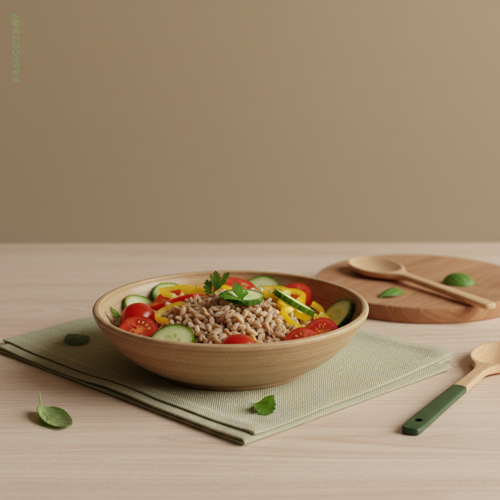 Dinkel Low-Carb Schüssel mit frischem Gemüse auf minimalistischem Holztisch in heimeliger europäischer Küche, Hintergrund #dbdbcf, Akzente #a5cd8d