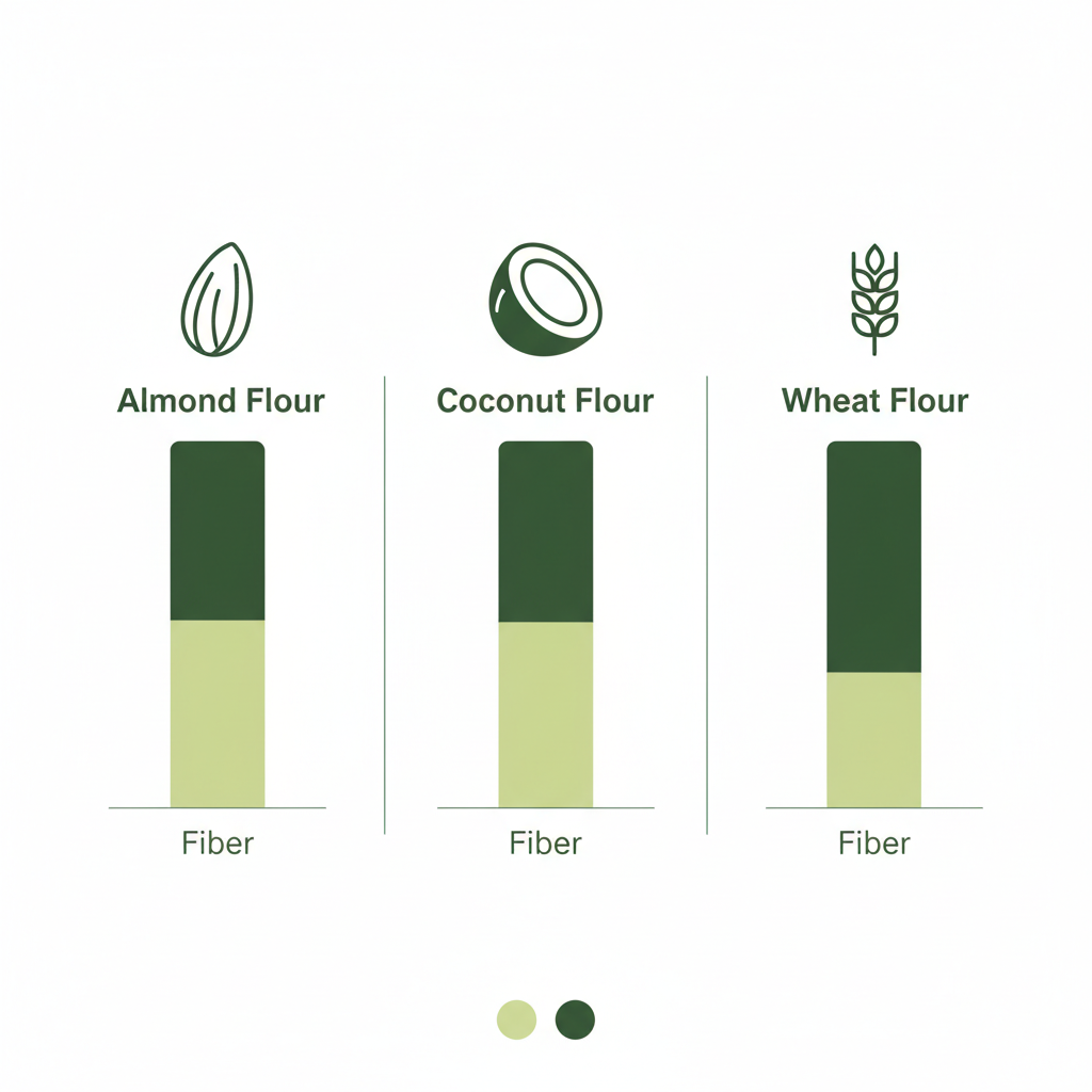 Minimalistische 2D-Vektorinfografik zum Vergleich von Kohlenhydraten und Ballaststoffen bei Mandelmehl, Kokosmehl und Weizen, Fokus Low‑Carb Mehl.