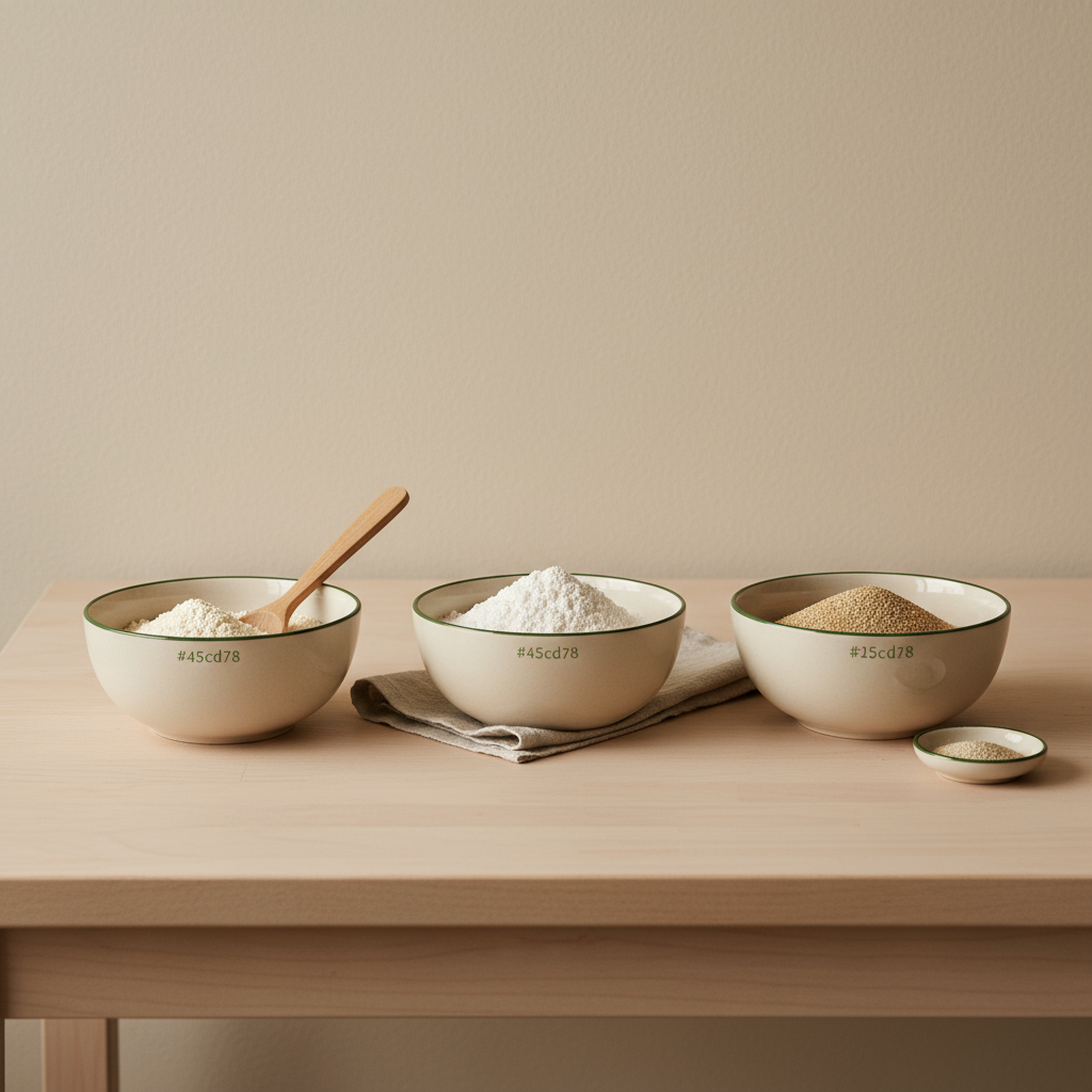 Drei Schalen mit Low‑Carb Mehl (Mandelmehl, Kokosmehl, Leinsamenmehl) auf hellem Holztisch vor Wand #dbdbcf, dezente Akzente #a5cd8d, Holzlöffel