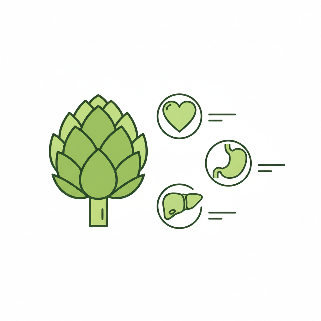 Minimalistische 2D-Vektor-Infografik einer Artischocke mit Icons für Herz, Leber und Verdauung auf #dbdbcf Hintergrund, Akzente #a5cd8d, Konturen #21431f