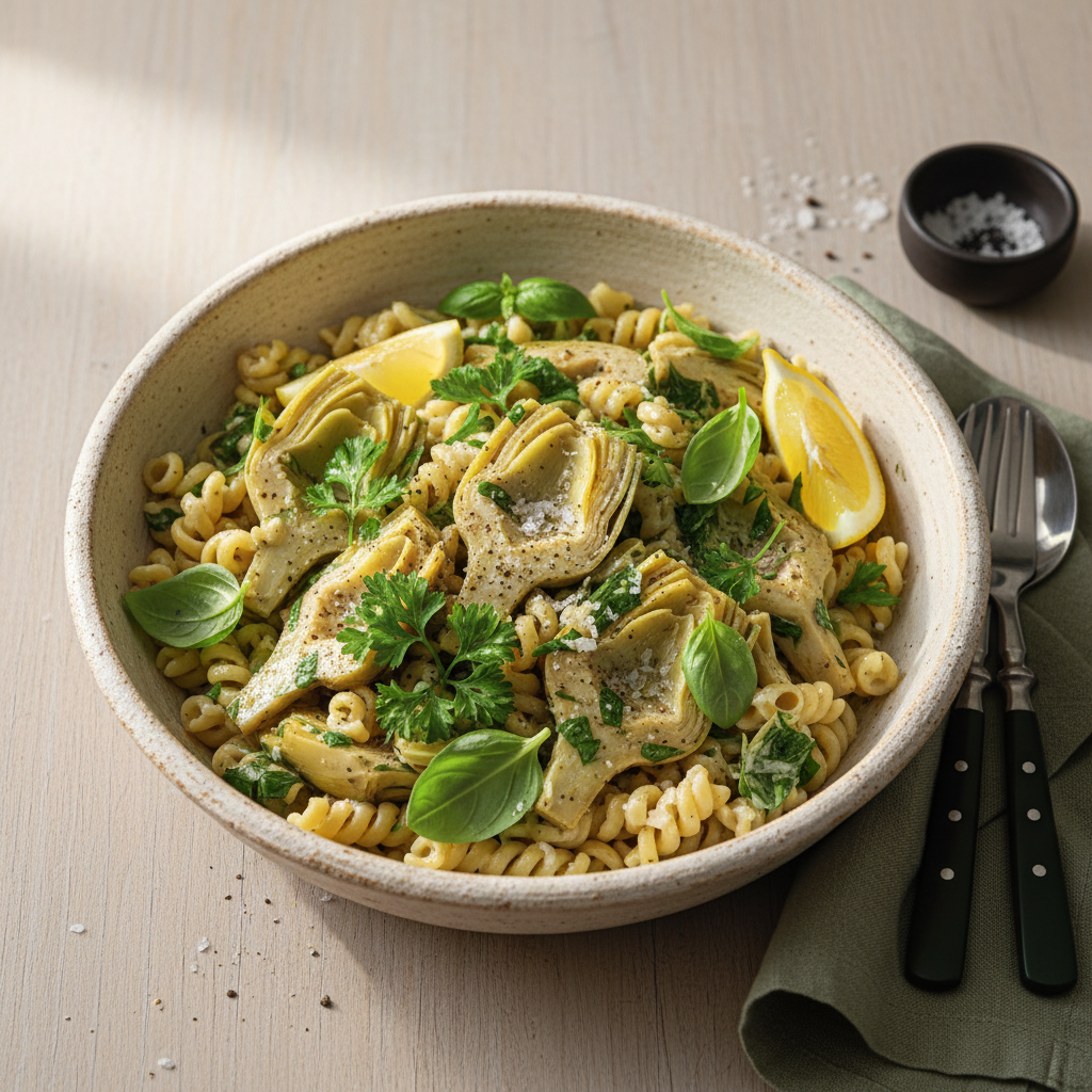 Nahaufnahme eines minimalistisch arrangierten Pastatellers mit Artischocke, frischen Kräutern und Zitronenspalten auf hellem, warmer Hintergrund