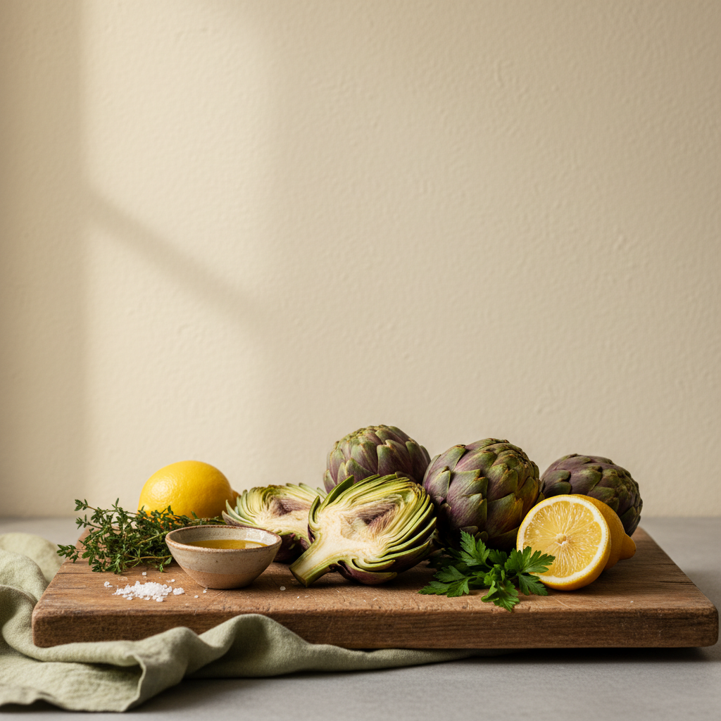 Frische Artischocken auf Holzbrett in warmer, minimalistischer Küchenaufnahme im Schnell Lecker Stil mit Hintergrund #dbdbcf und Akzenten #a5cd8d – Artischocken Geschmack.