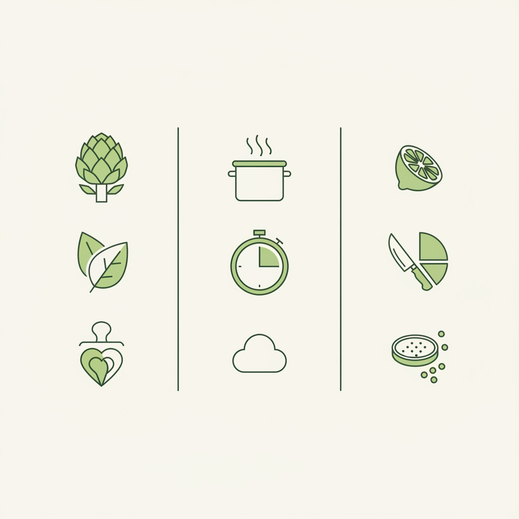 Minimalistische 2D-Vektorinfografik zu Artischocken-Teilen, Garzeiten und Tipps gegen Bitterkeit im Schnell Lecker Stil, Farben #dbdbcf/#a5cd8d/#21431f. Artischocken Geschmack.