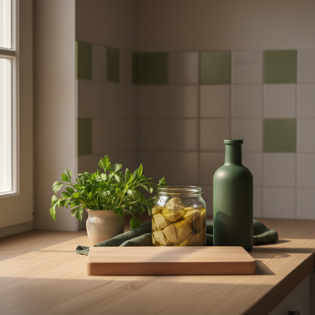 Nahaufnahme: Artischocken aus dem Glas auf Küchentresen mit Schneidebrett, Olivenölflasche und frischen Kräutern, warmer Ton, #dbdbcf Hintergrund, dezente grüne Akzente.