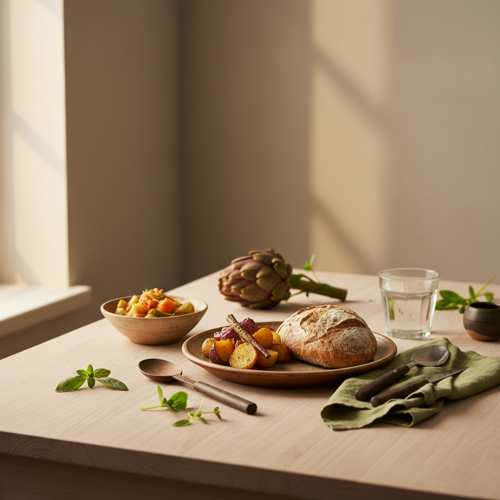 Heimelige, minimalistische Küchenaufnahme mit Holztisch, Teller mit einfachem Gericht und grünen Akzenten; Nebenwirkungen Artischocketabletten im Kontext einer sanften, natürlichen Mahlzeit