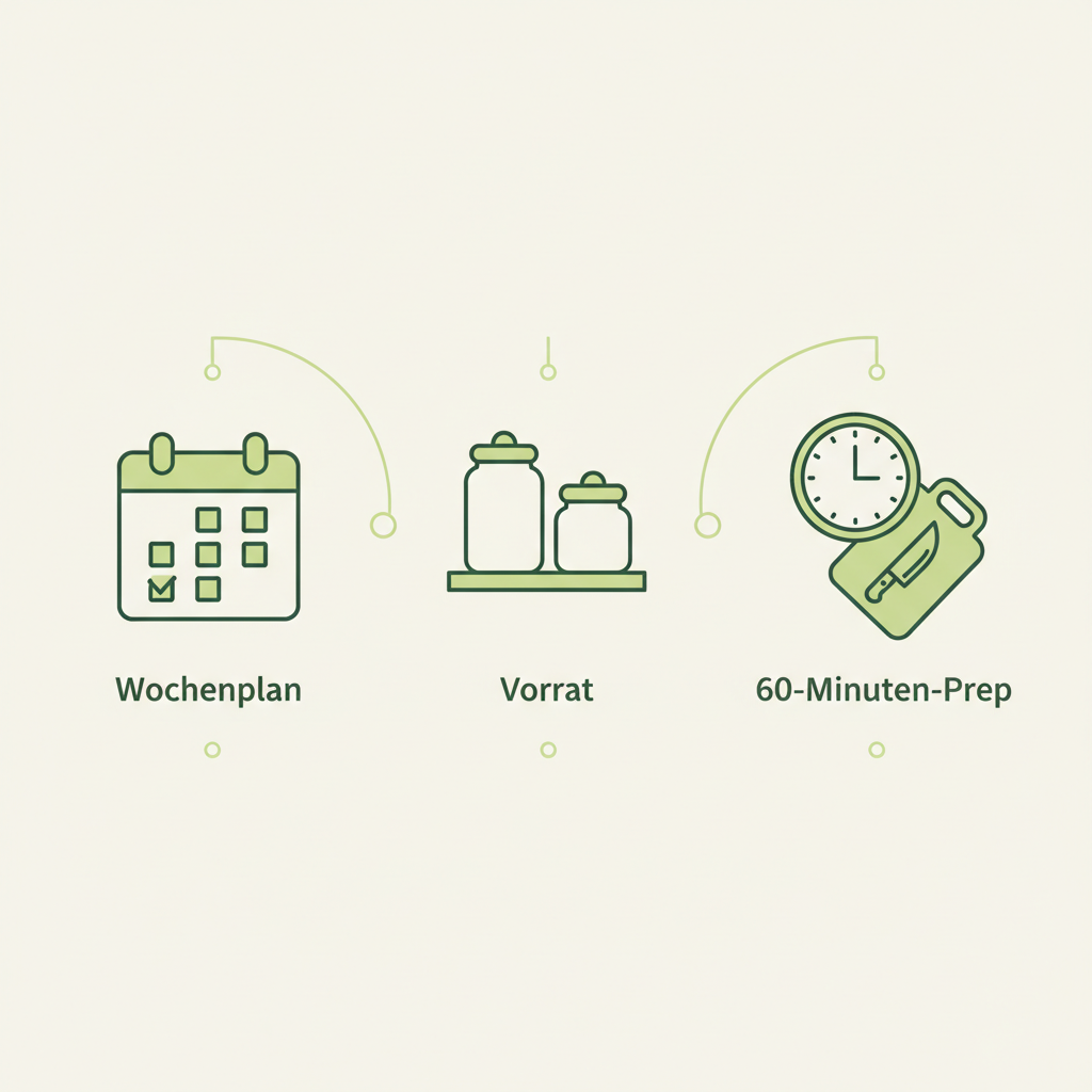 Minimalistische 2D-Vektor-Infografik für Alltagsküche mit drei Icons: Wochenplan-Kalender, Vorratsgläser und 60-Minuten-Prep (Uhr + Schneidebrett) in Markenfarben, kein Text.