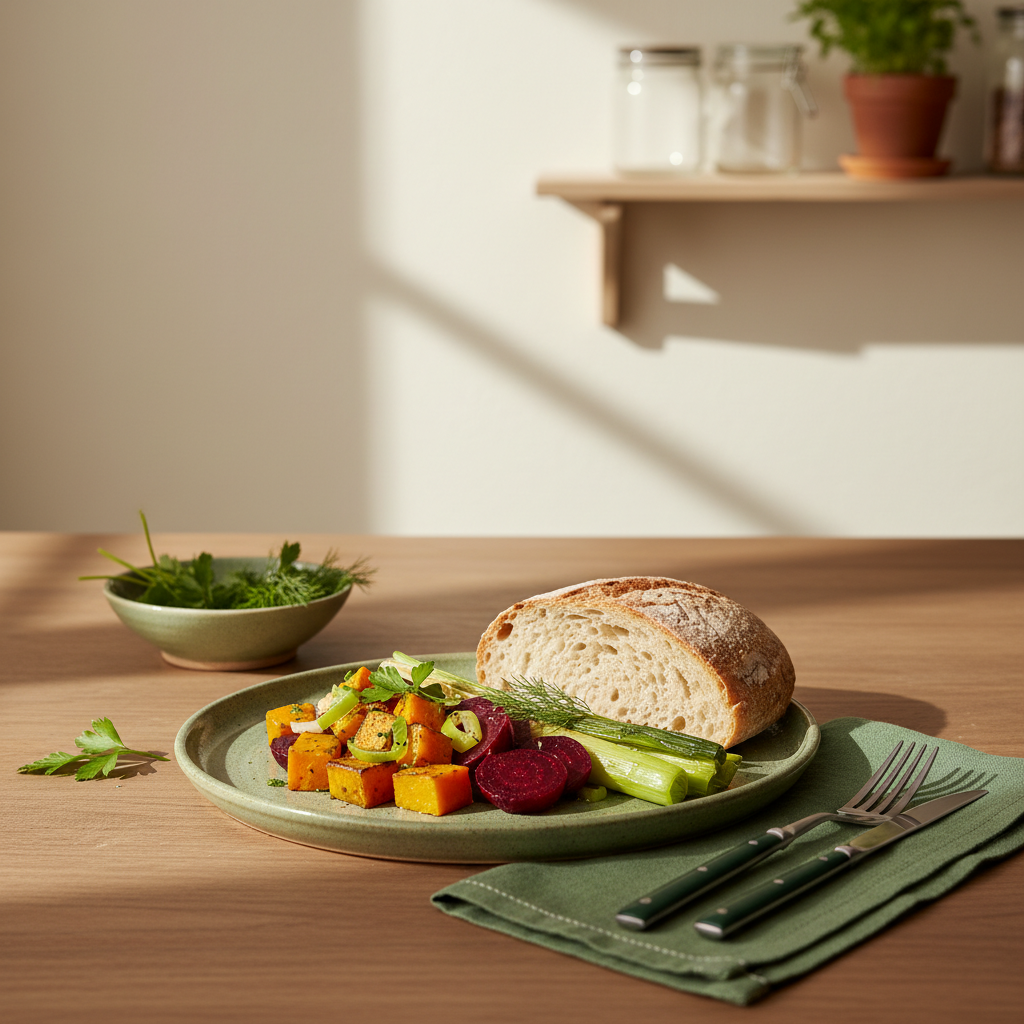 Alltagsküche mit saisonalem Gemüse auf sauber angerichtetem Teller, minimalistischer Full-Frame-Küchenansicht, Hintergrund #dbdbcf und Akzente #a5cd8d