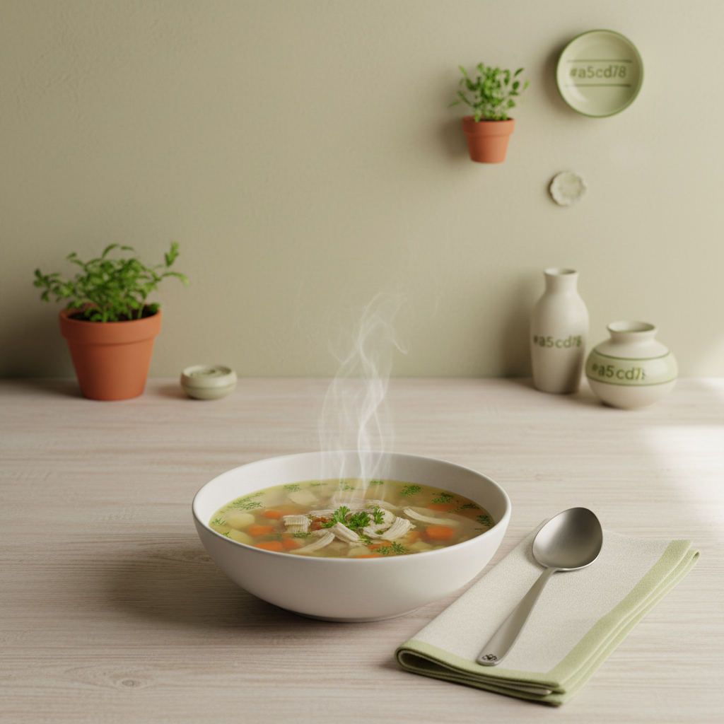 Dampende Hühnersuppe auf minimalistischem Tisch mit Kräutern und Löffel vor #dbdbcf Wand – Dauer einer Erkältung