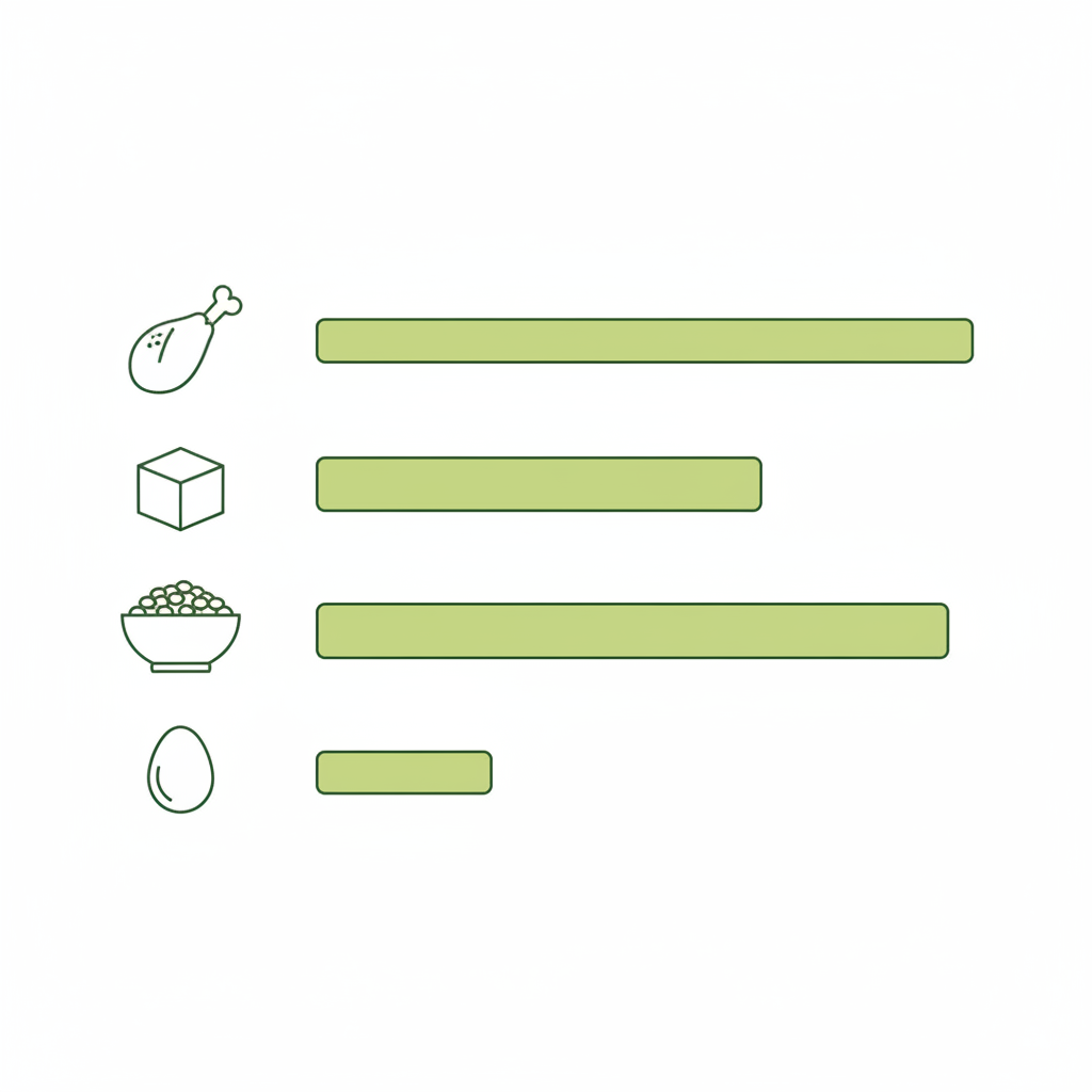 Minimalistische Vektor-Infografik vergleicht Proteingehalt pro Portion von Hähnchen, Eiern, Linsen und Tofu mit vier farbigen Balken. Welche Gerichte haben am meisten Proteine?