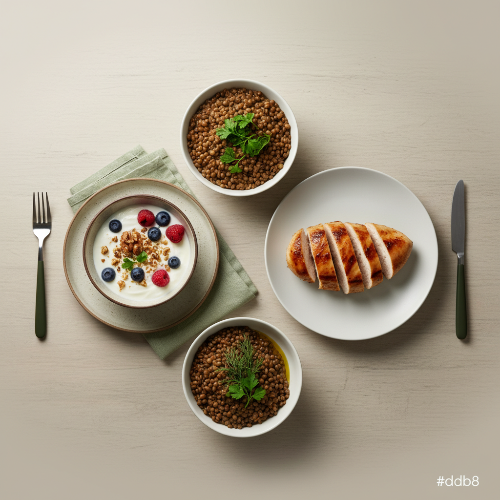 Vollformataufnahme eines minimalistisch gedeckten Tisches mit eiweißreiche Mahlzeit: Joghurt-Bowl, gegrillte Hähnchenbrust und Linsen-Bowl in warmem, heimeligem Ambiente