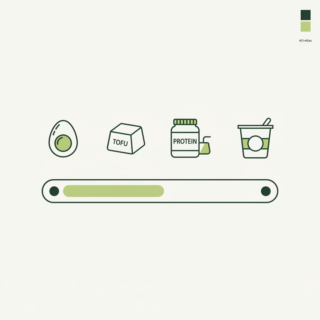 Minimalistische 2D-Vektor-Infografik für ein proteinreiches Frühstück mit Icons (Ei, Tofu, Proteinpulver, Joghurt) und einem horizontalen Balken, der den Zielbereich 20–40 g visuell hervorhebt.