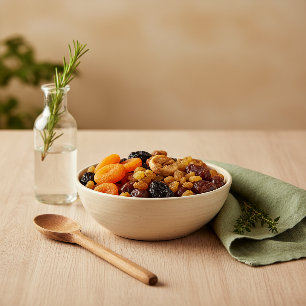 Schale mit gemischtem Trockenobst (Aprikosen, Feigen, Rosinen, Datteln) auf hellem Holztisch in heimischer ungarisch-rumänischer Küchenatmosphäre