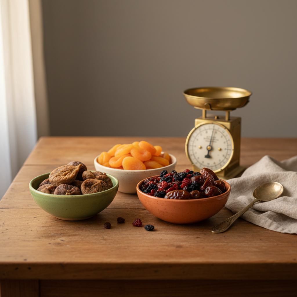 Ist Trockenobst entzündungsfördernd – Nahaufnahme auf Holztisch mit kleinen Schalen verschiedener Trockenfrüchte, Waage und Löffel, warmes natürliches Licht, minimalistisches Setup.