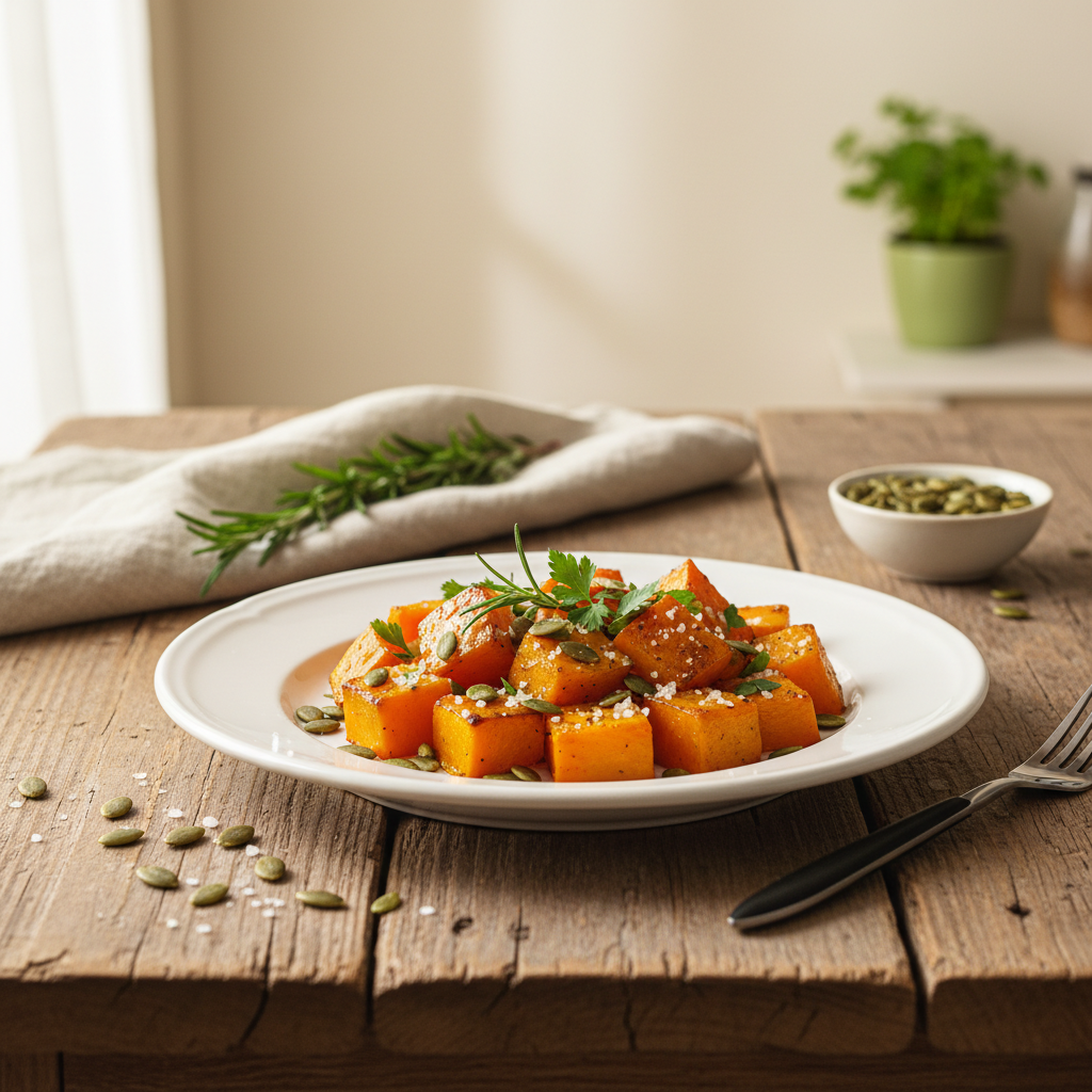 Geröstete Kürbiswürfel mit Kürbiskernen und frischen Kräutern auf rustikalem Holzteller vor cremefarbenem Hintergrund (#dbdbcf) mit dezenten grünen Accessoires (#a5cd8d).