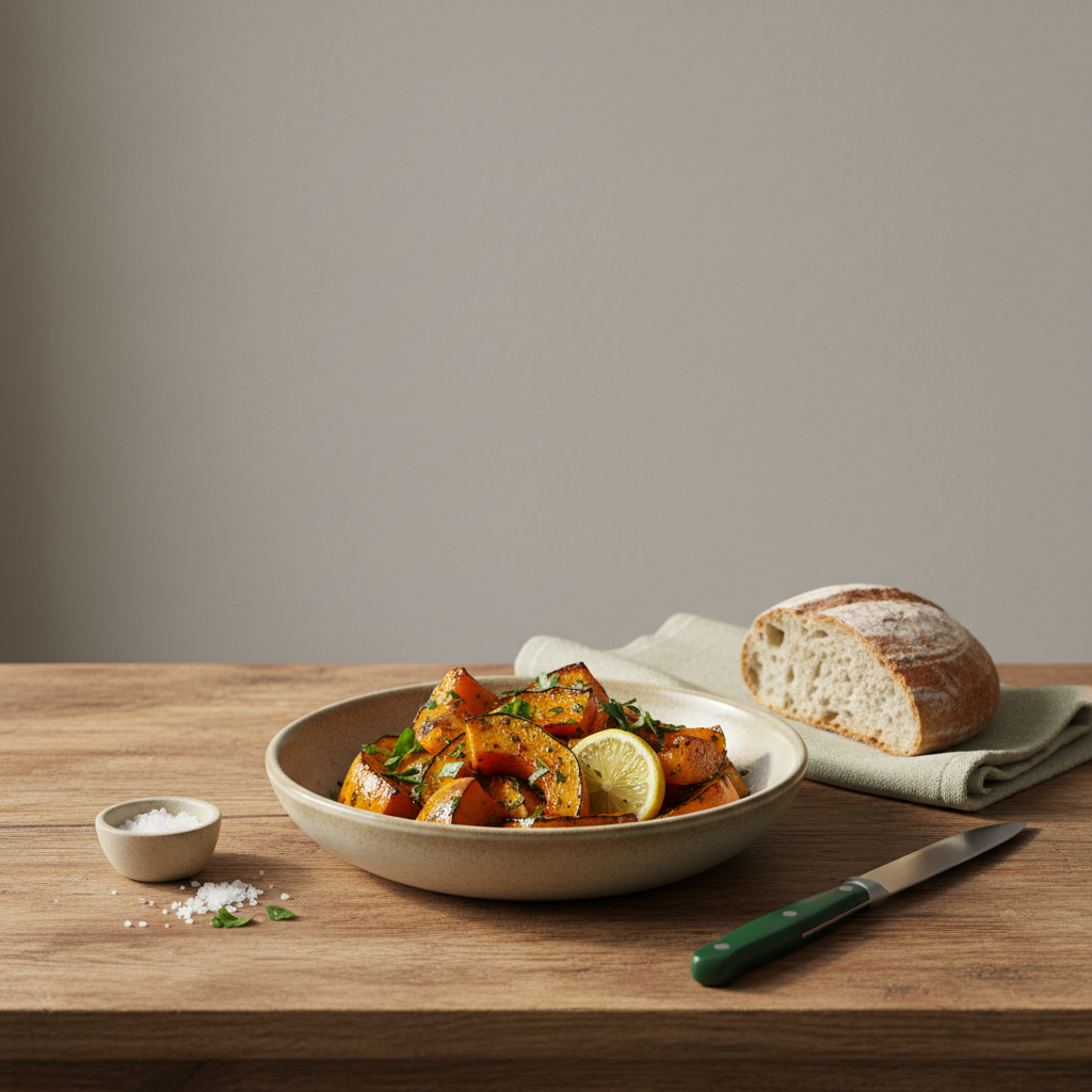 Rustikales, minimalistisches Küchentisch-Arrangement mit gebratenen Hokkaido‑Stücken (Hokkaido bitter) in Keramikschüssel auf Hintergrund #dbdbcf und Leinentuch #a5cd8d