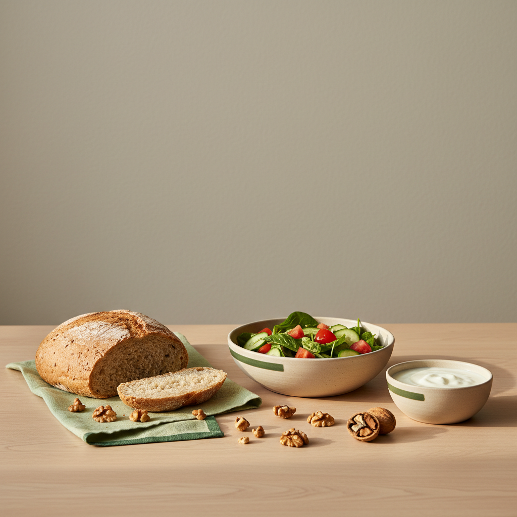 was sollte man jeden tag essen: realistisches Stillleben mit gemischtem Salat, Vollkornbrot, Joghurt/Kefir und Walnüssen auf hellem #dbdbcf Hintergrund