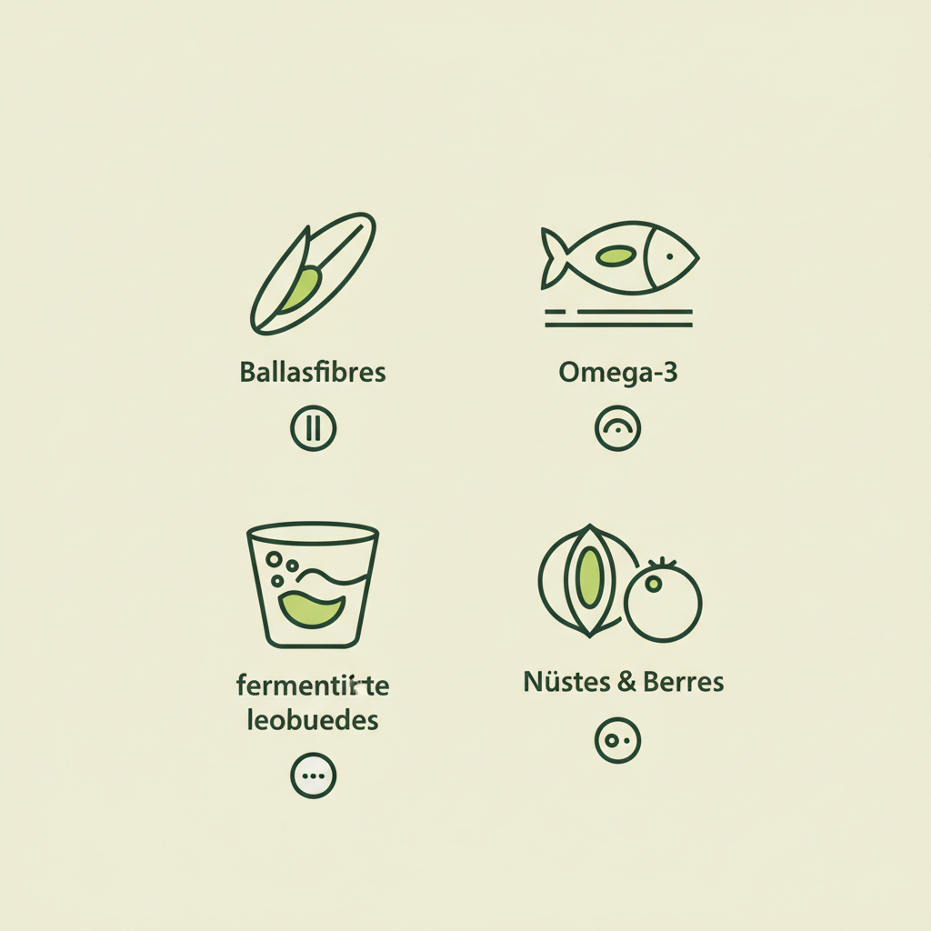 Minimalistische 2D-Vektor-Infografik mit Icons für nährstoffreiche lebensmittel: Ballaststoffe, Omega‑3, fermentierte Lebensmittel, Nüsse und Beeren auf beigem Hintergrund